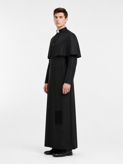 Long Black Cassock with a Cross and White Collar side view