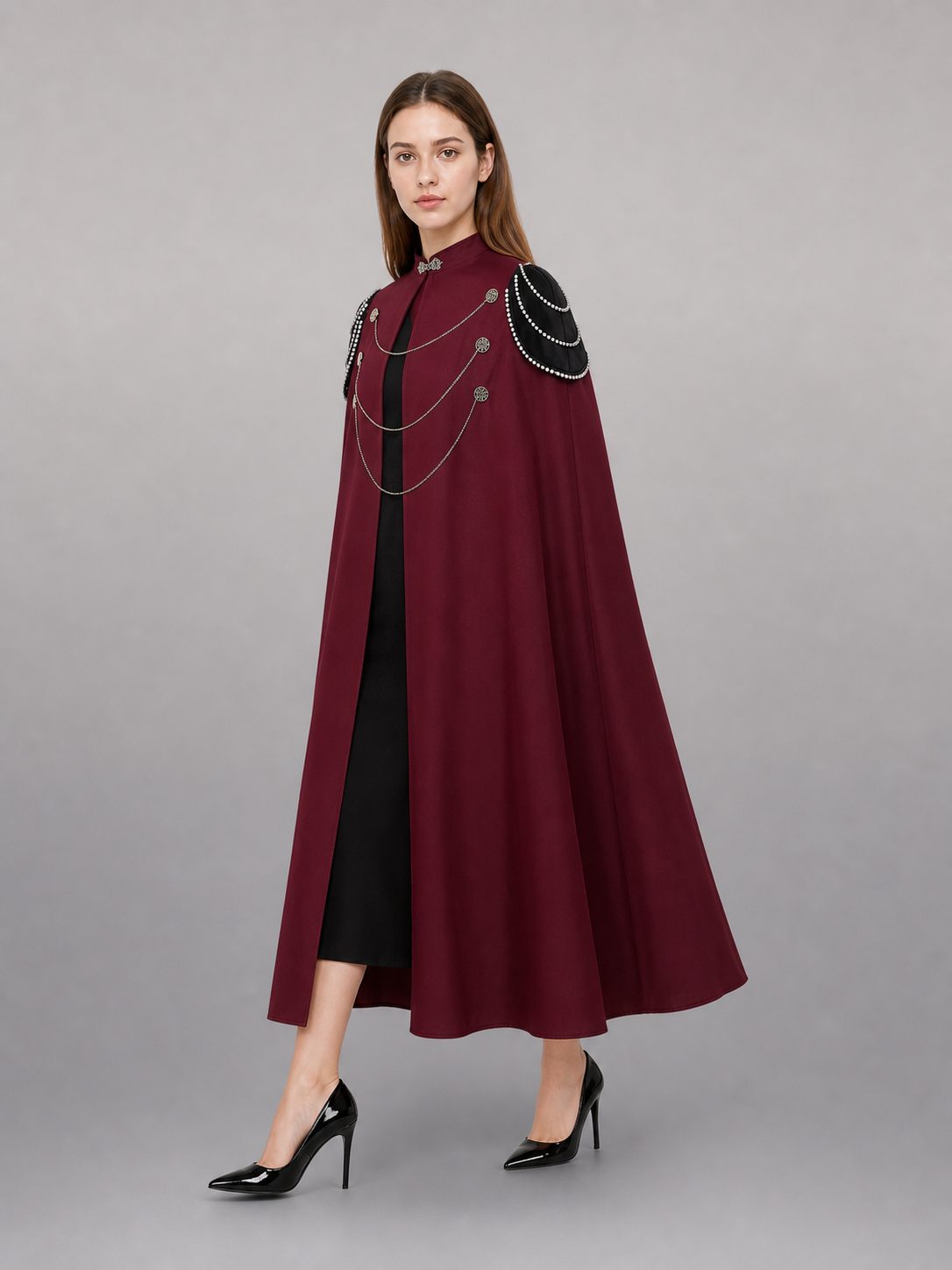 Long Burgundy Carnival Cloak with Hood