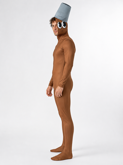 Brown jumpsuit costume with a character face design side view
