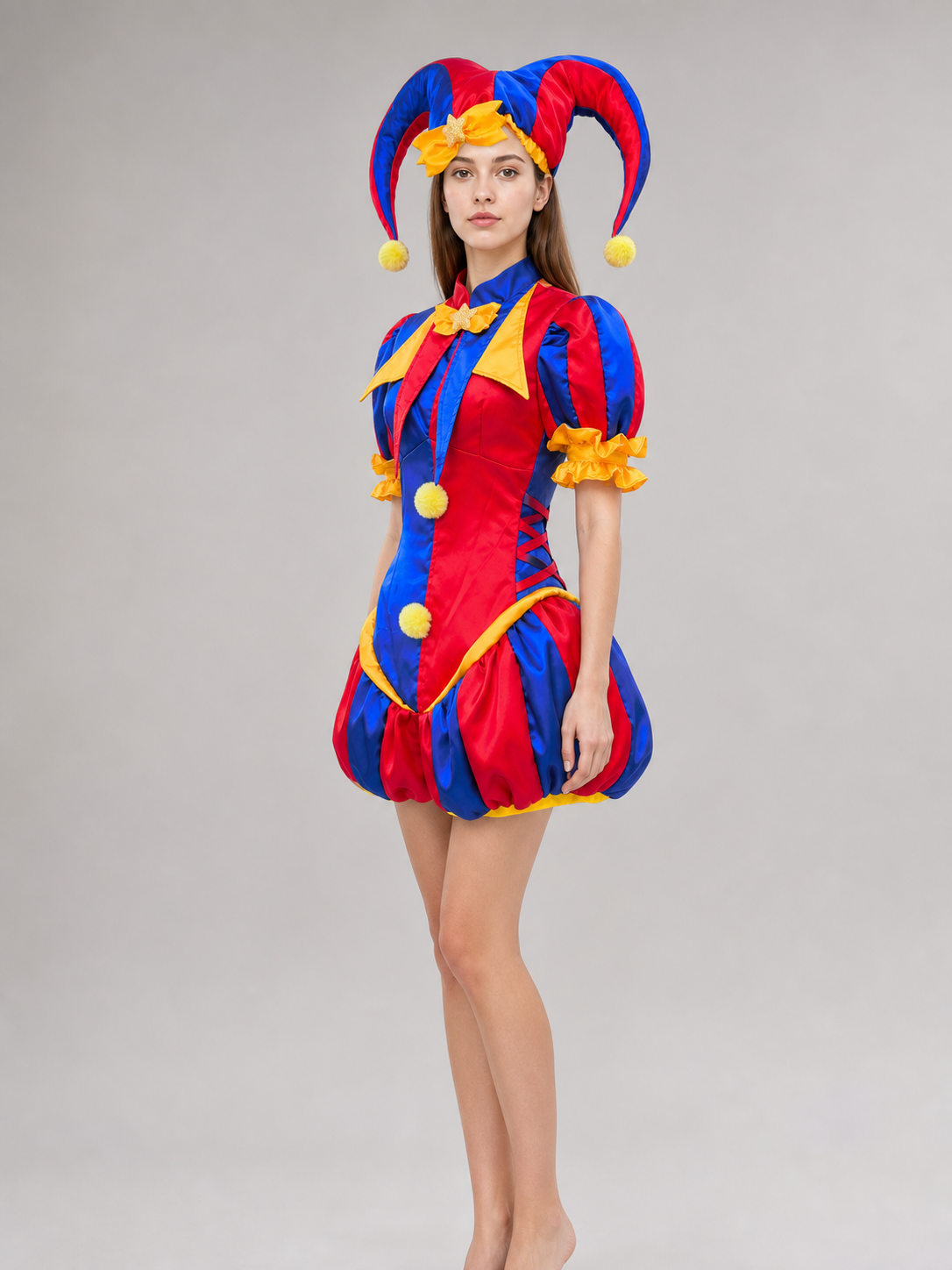 Bright circus clown-style costume with a dress and headpiece, designed for cosplay, themed events, costume parties, and stage performances. The set features an expressive red-and-blue color scheme with yellow and gold accents. The main piec