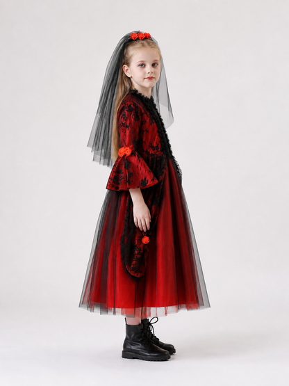 Long Gothic Dress with Red Roses and Lace