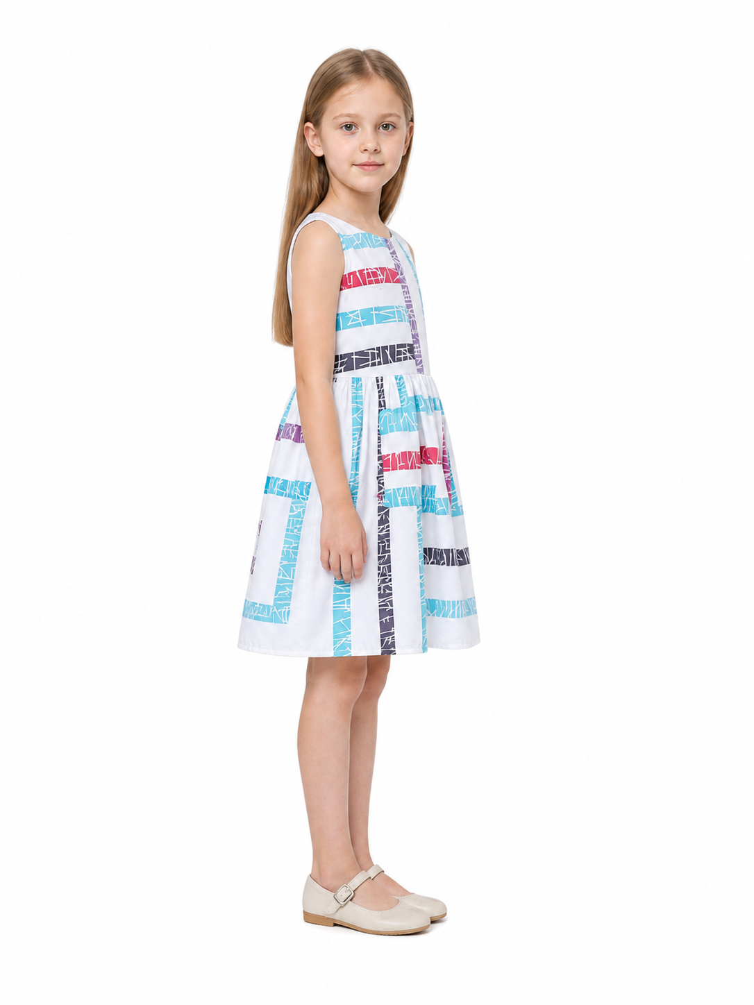 Children's sleeveless dress with geometric stripes side view