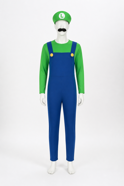 Luigi Costume Jumpsuit with Hat and Mustache for Halloween side view