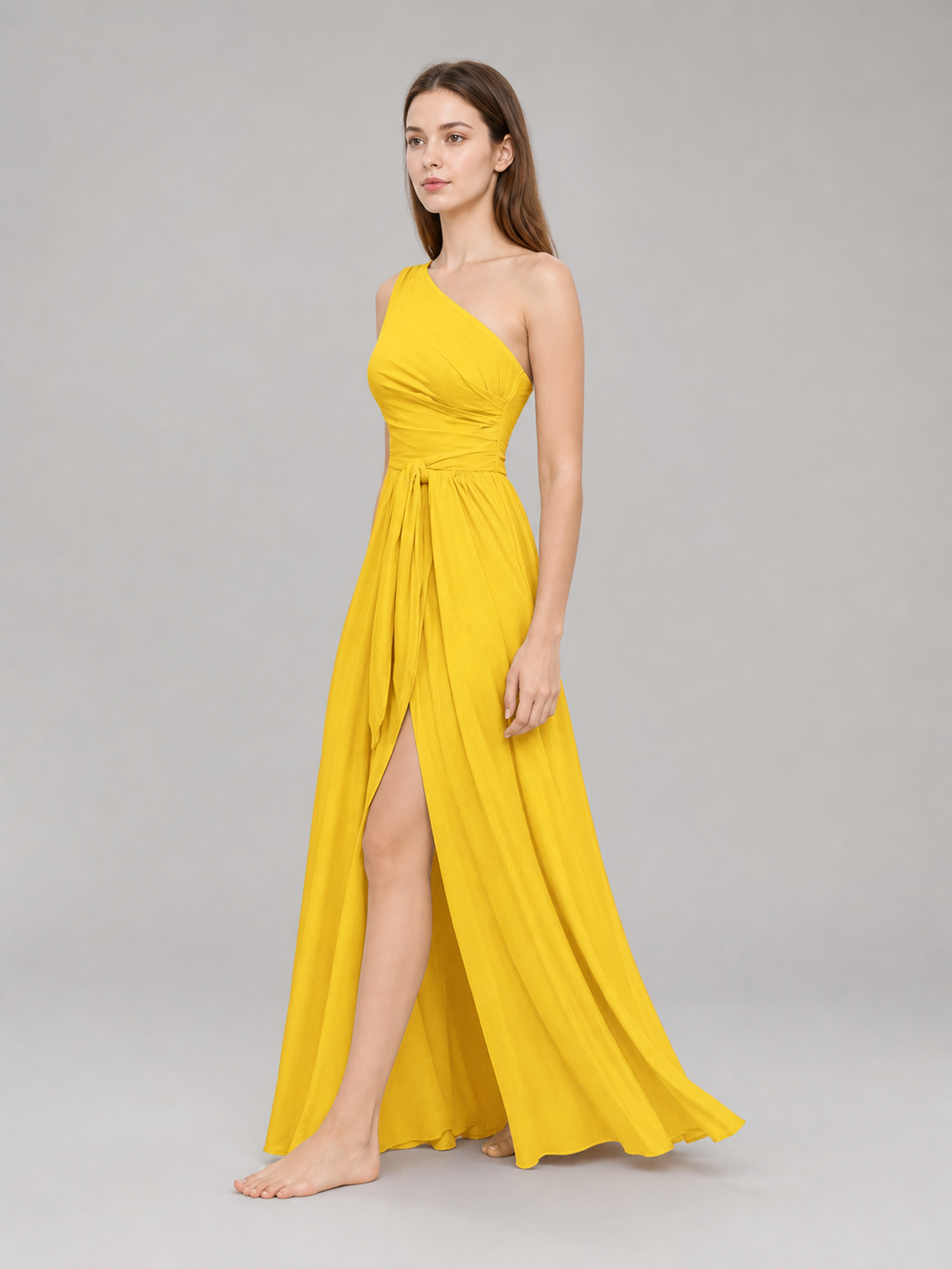 Yellow Chiffon One-Shoulder Evening Dress