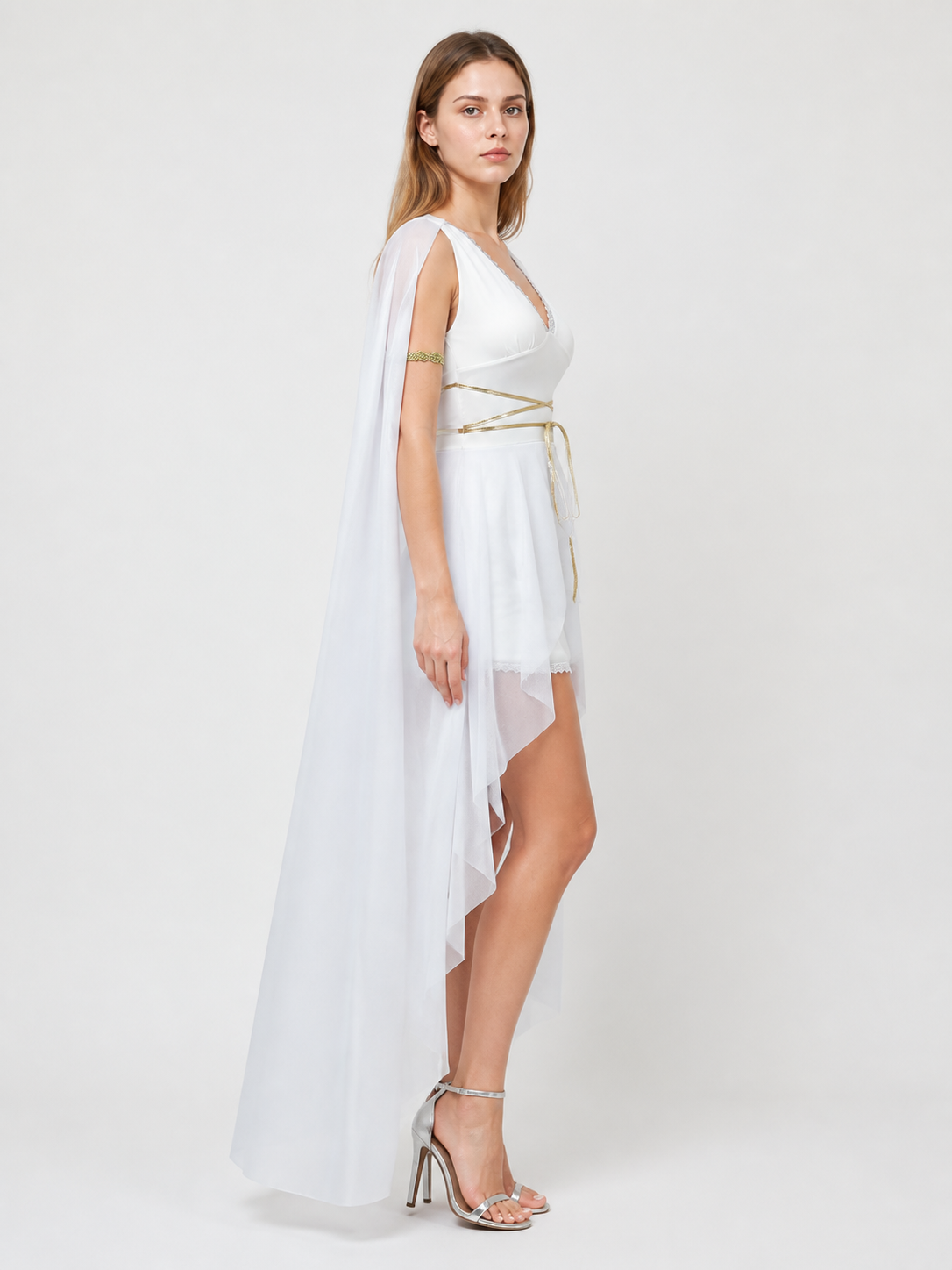 White Dress Costume with Cape and Gold Embellishments side view