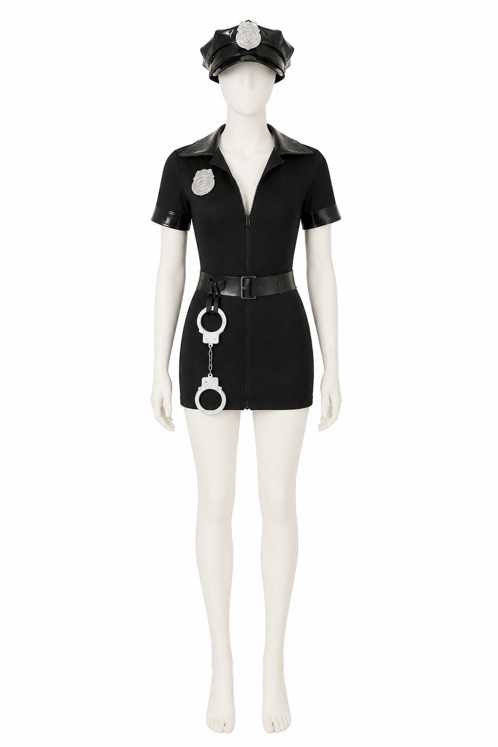 Black Police Costume with Collar, Zipper, and Belt side view
