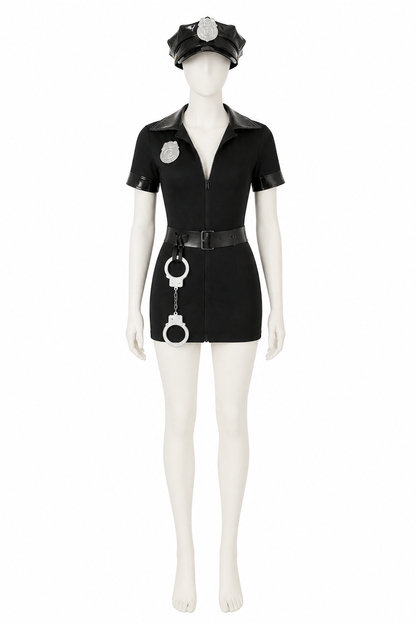 Black Police Costume with Collar, Zipper, and Belt side view