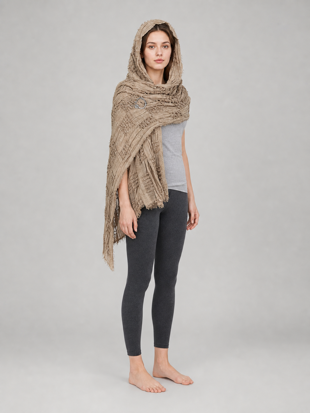Boho Hooded Scarf Cape, Khaki