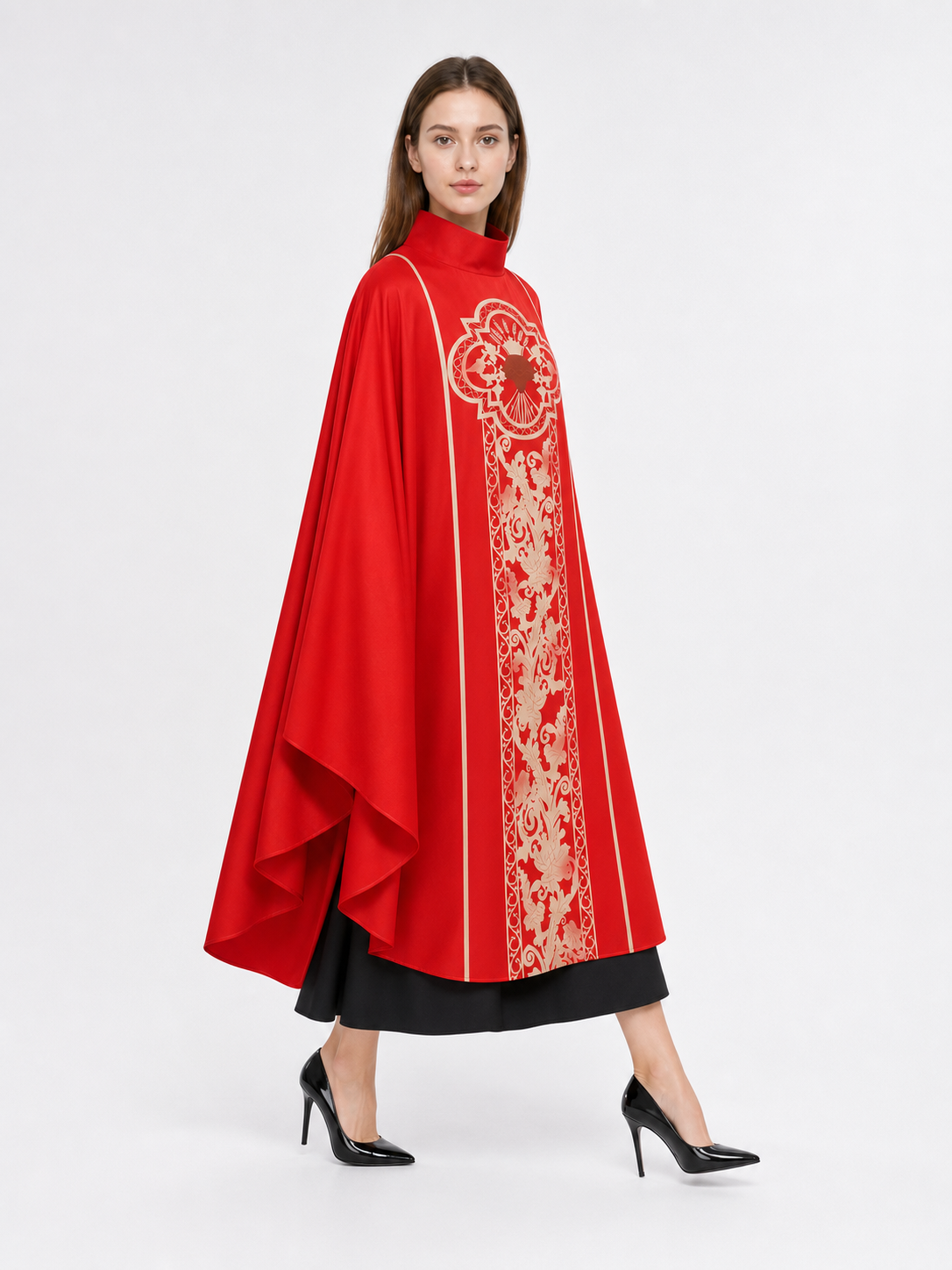 Red costume cloak with ornament and sleeves
