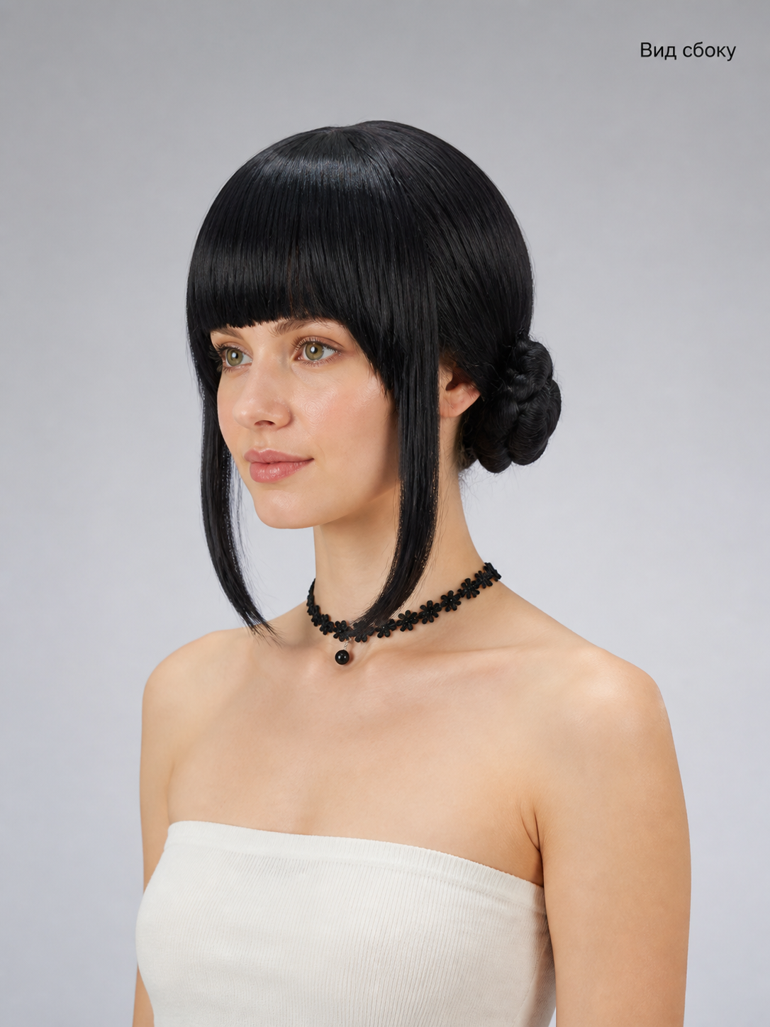Black Cosplay Wig with Two Buns and Bangs side view