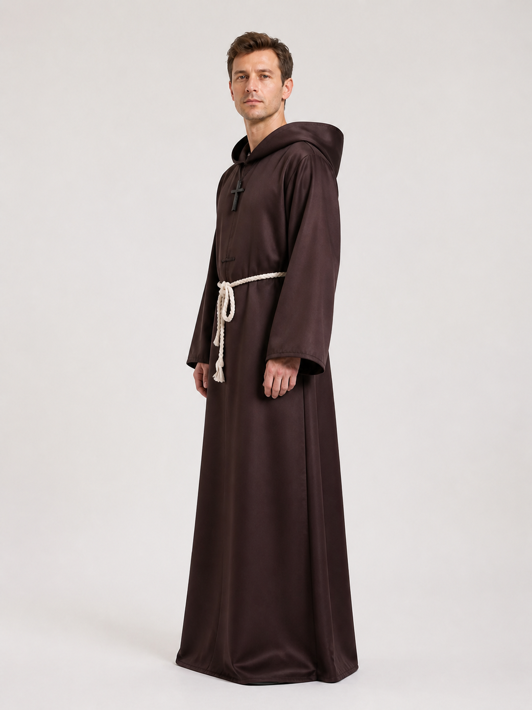 Brown Monk Robe with a Pointed Hood and Cross side view