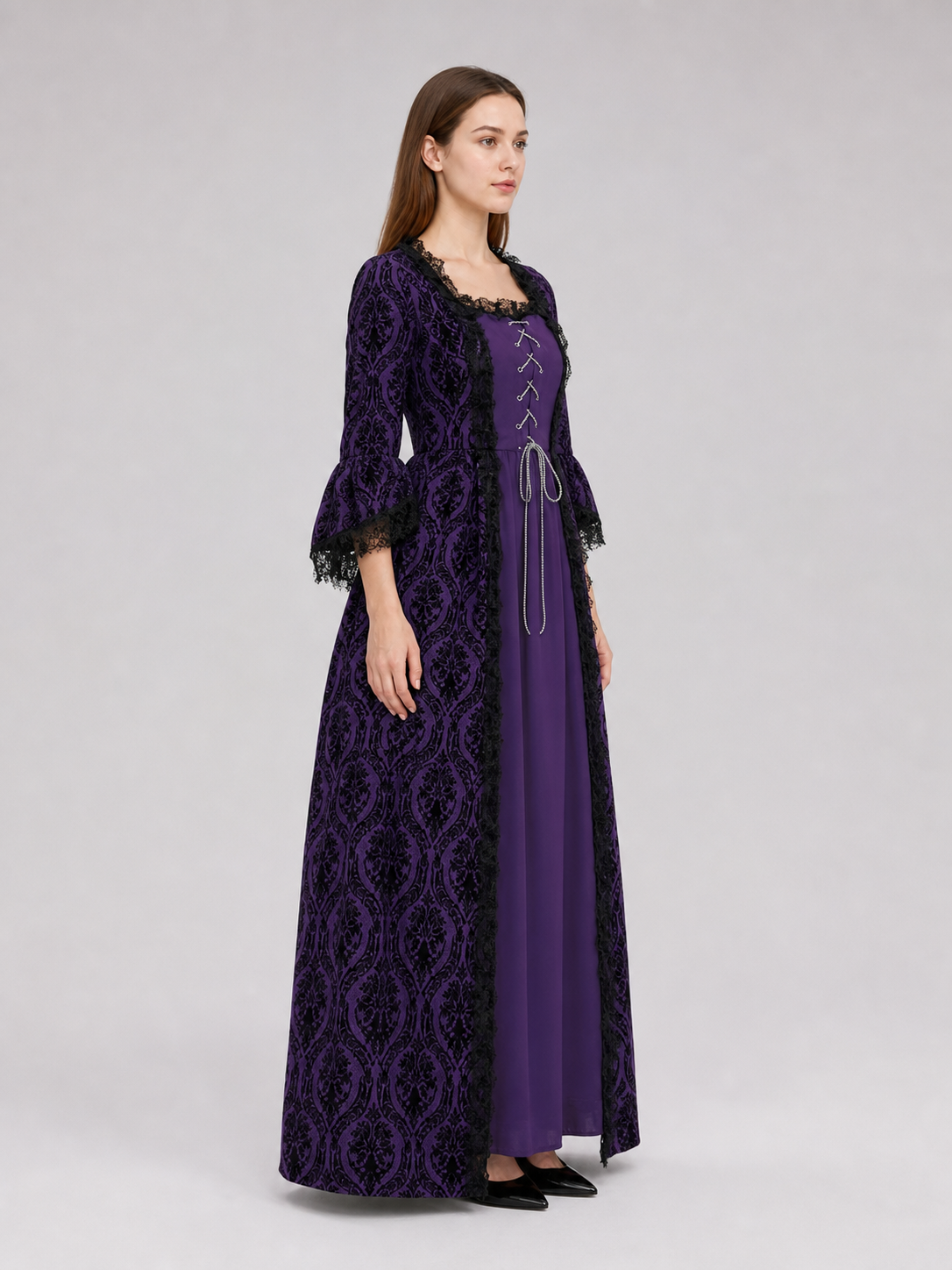 Long Renaissance-Style Dress with Lace Sleeves