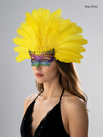 Carnival Headpiece with Feathers and Mask side view