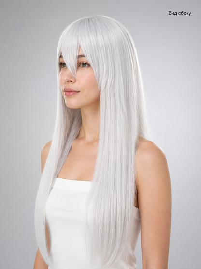 Long Silver Carnival Wig with Side-Swept Bangs side view