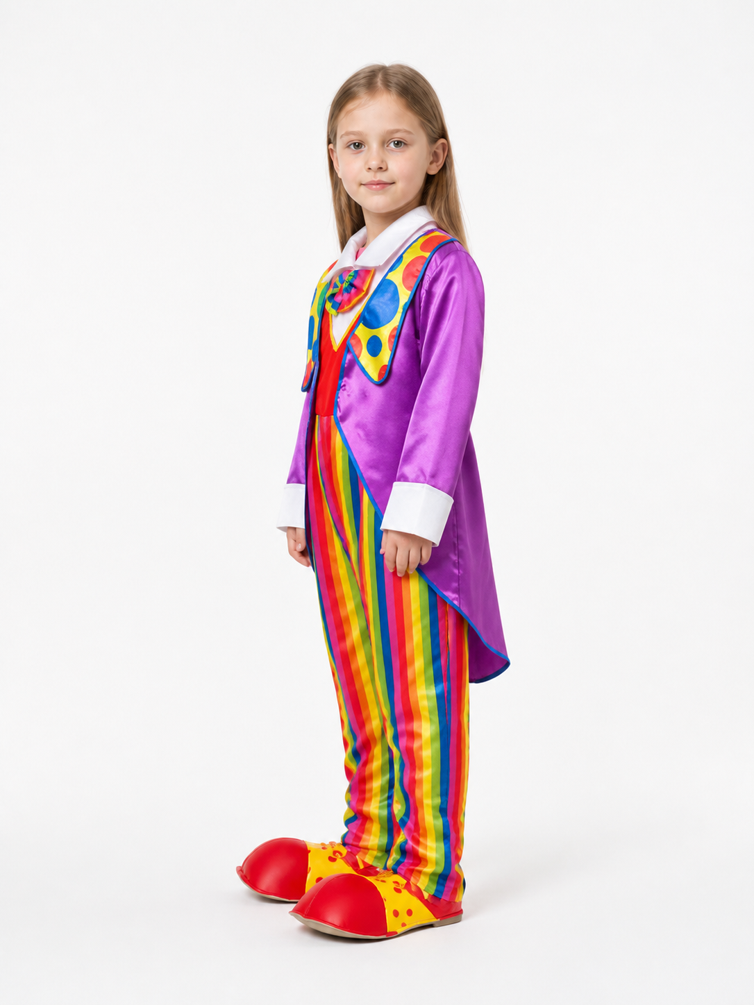 Children’s Clown Costume with Purple Jacket and Bow Tie side view