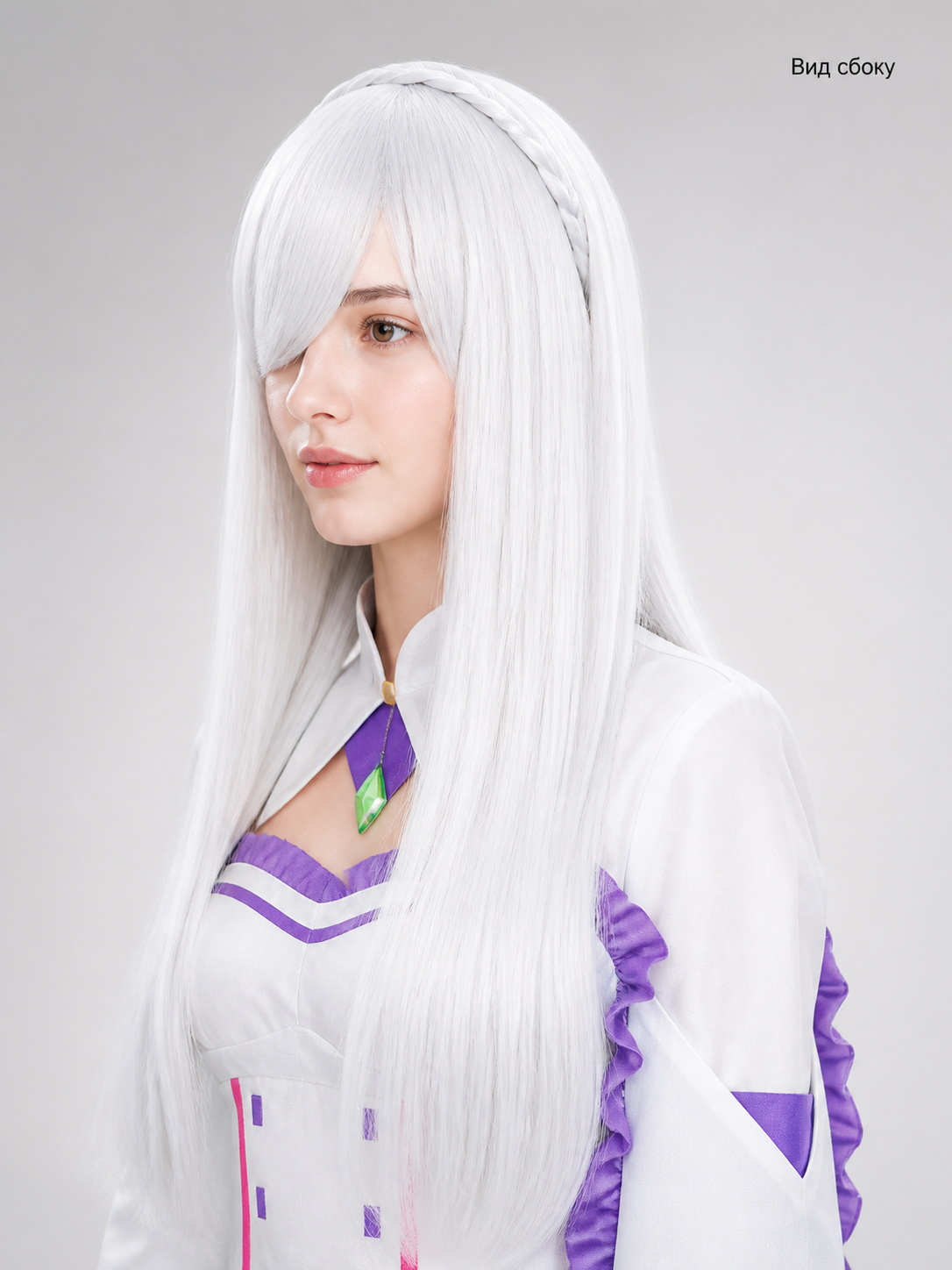 White Carnival Wig with Purple Strands for Halloween side view