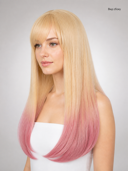 Long Carnival Wig with Bangs, Blonde-to-Pink Gradient side view