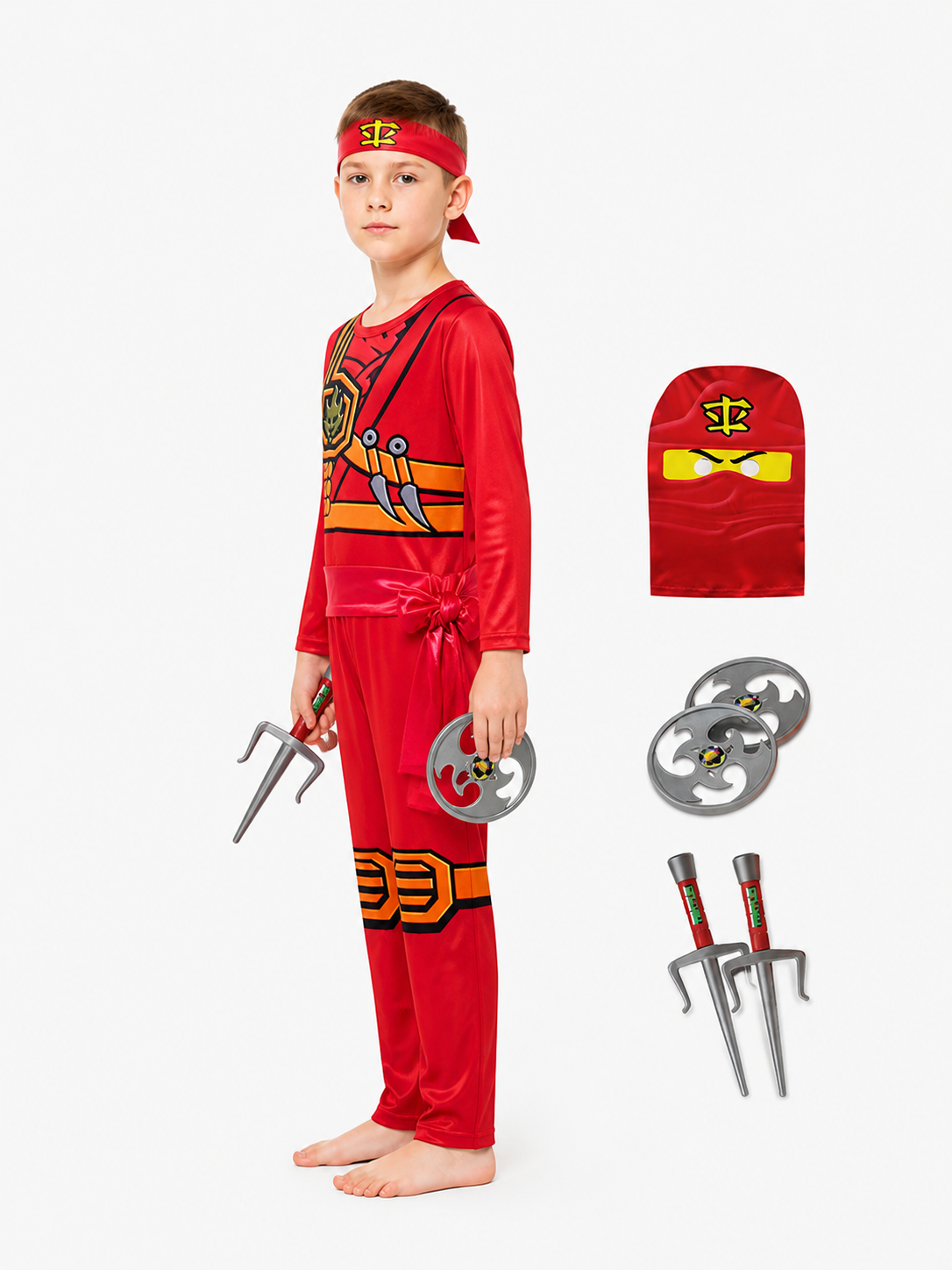 Red Ninja Costume with Mask and Weapons side view