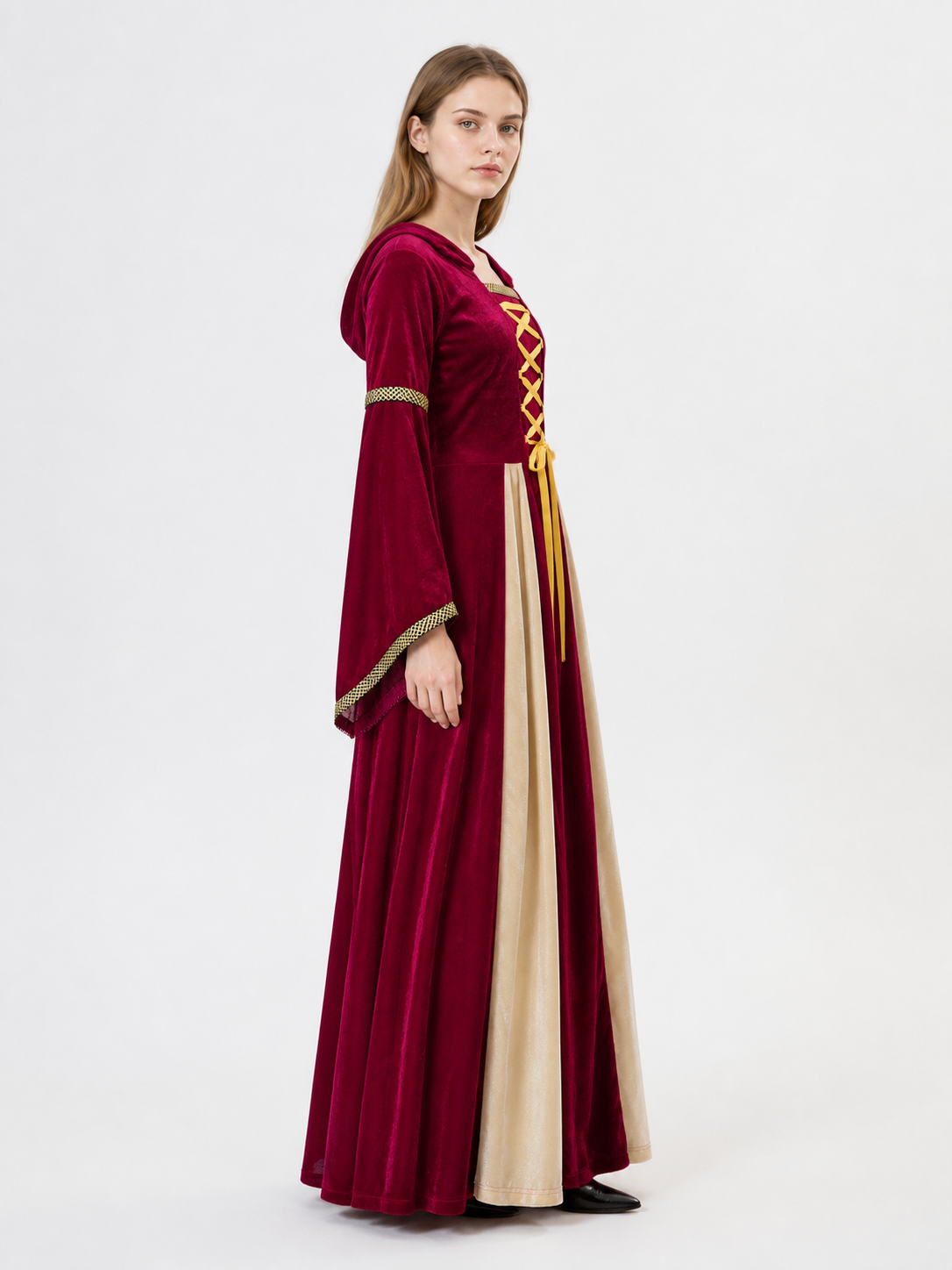Medieval Hooded Dress with Gold Trim side view