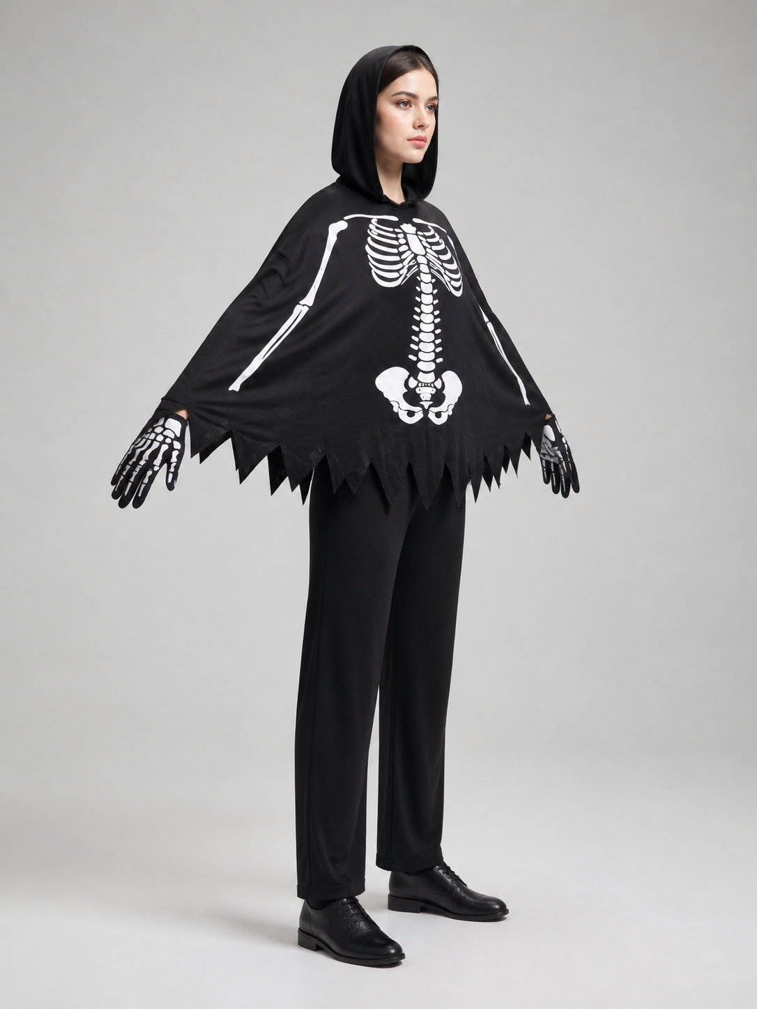 Skeleton Costume with Hood and Gloves side view