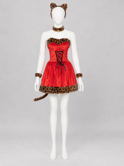 Cosplay costume dress with leopard-print trim