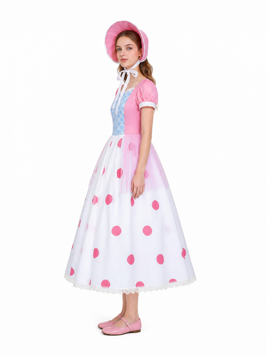 Cosplay Dress with Full Skirt and Polka-Dot Hat side view
