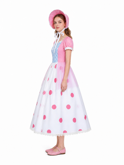 Cosplay Dress with Full Skirt and Polka-Dot Hat side view