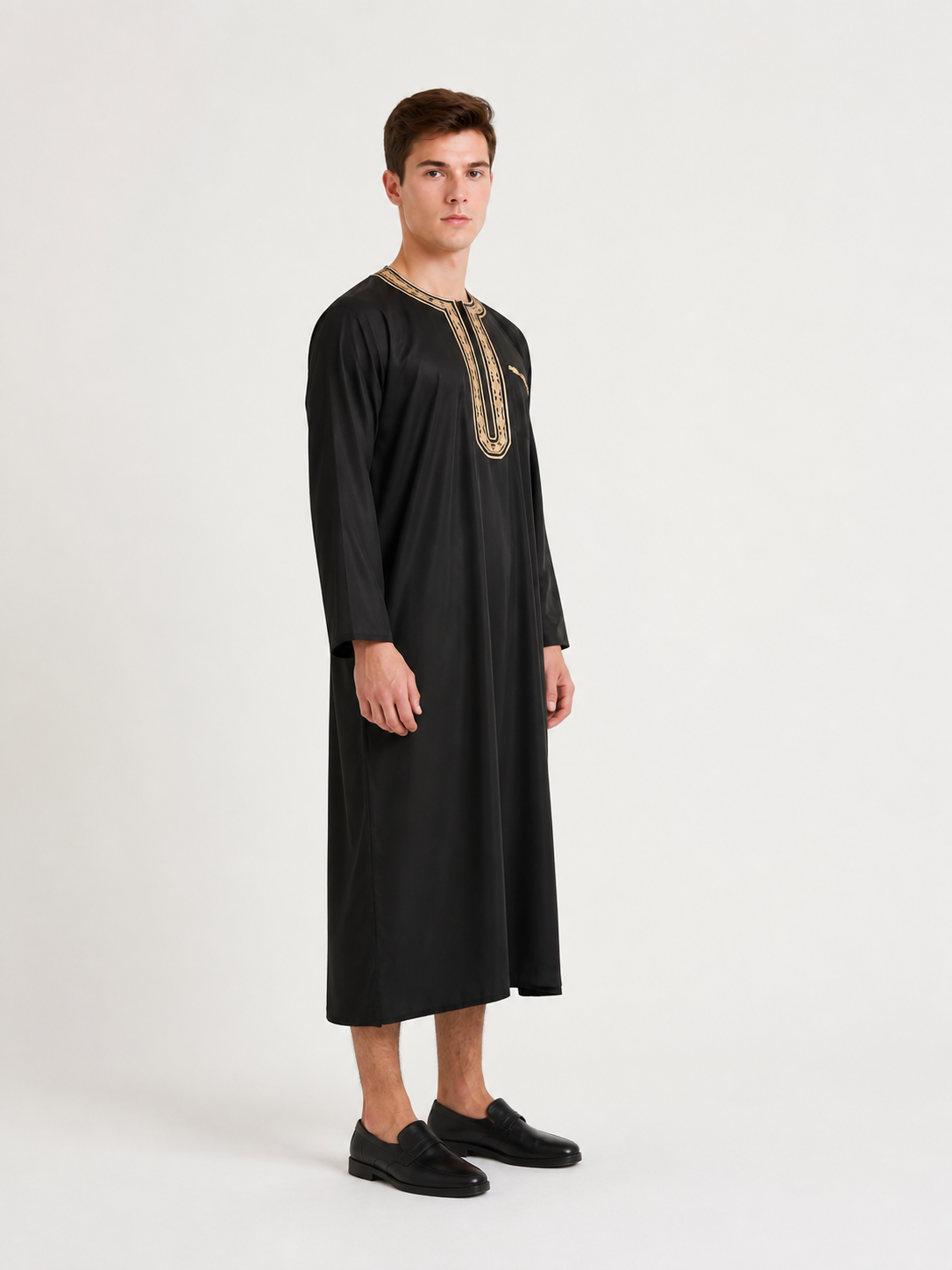 Long Black Abaya with Gold Collar Trim side view