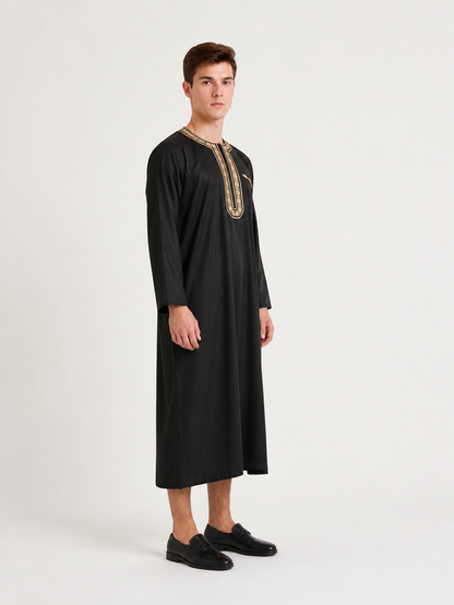 Long Black Abaya with Gold Collar Trim side view