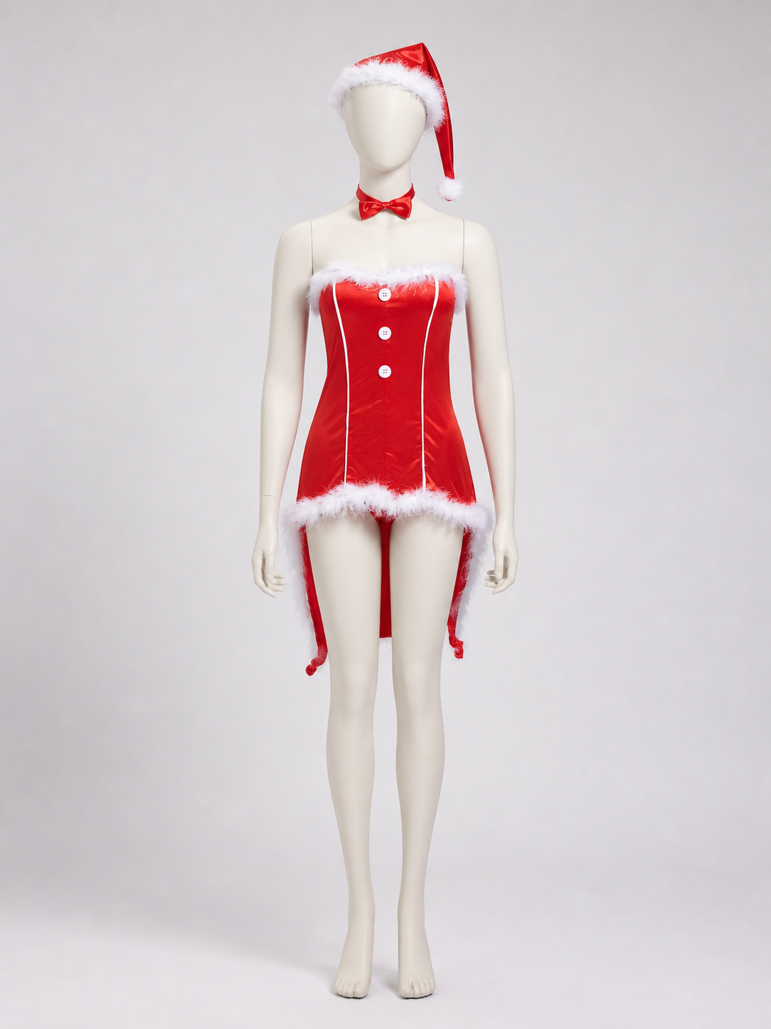 Red Christmas cosplay costume designed as a Santa Claus look. The set includes a festive costume in a red color theme with white decorative elements. The design features a sleeveless bustier silhouette, a red dress with a fitted contour, an