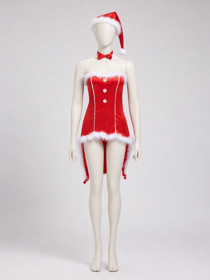 Red Christmas cosplay costume designed as a Santa Claus look. The set includes a festive costume in a red color theme with white decorative elements. The design features a sleeveless bustier silhouette, a red dress with a fitted contour, an
