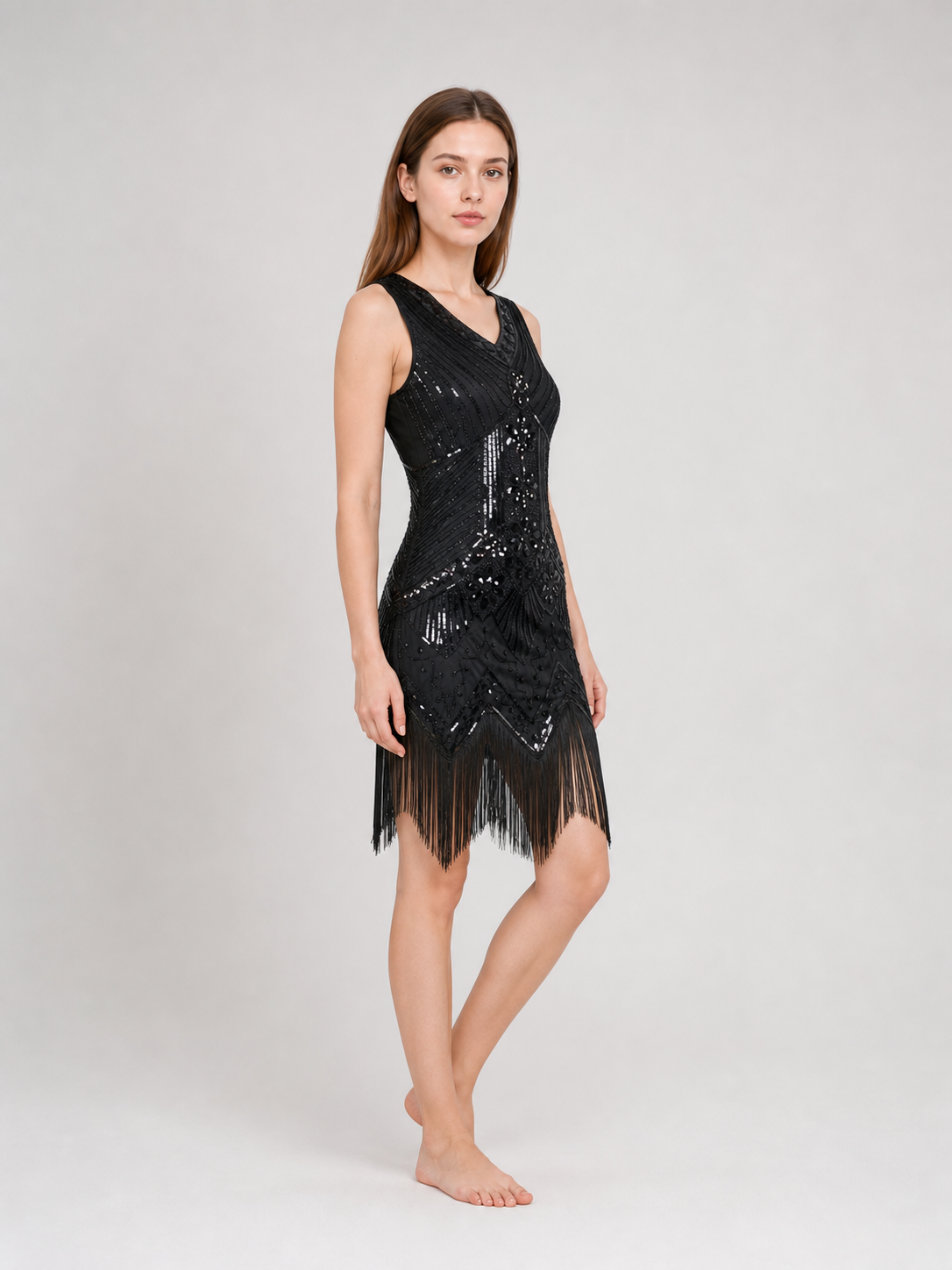 Black Art Deco flapper dress with fringe