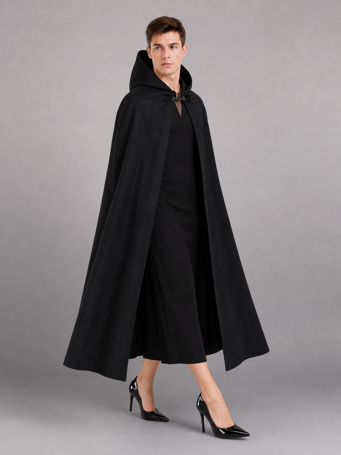 Long black hooded carnival cloak