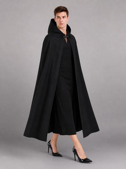 Long black hooded carnival cloak