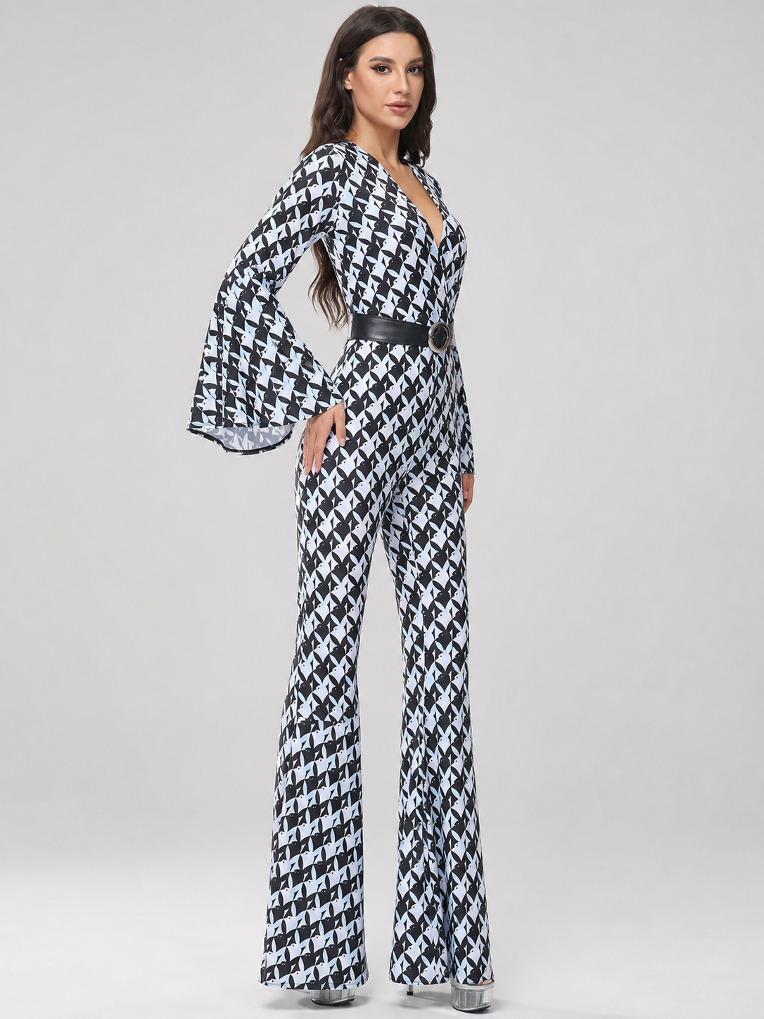Retro Flared Jumpsuit with Geometric Print