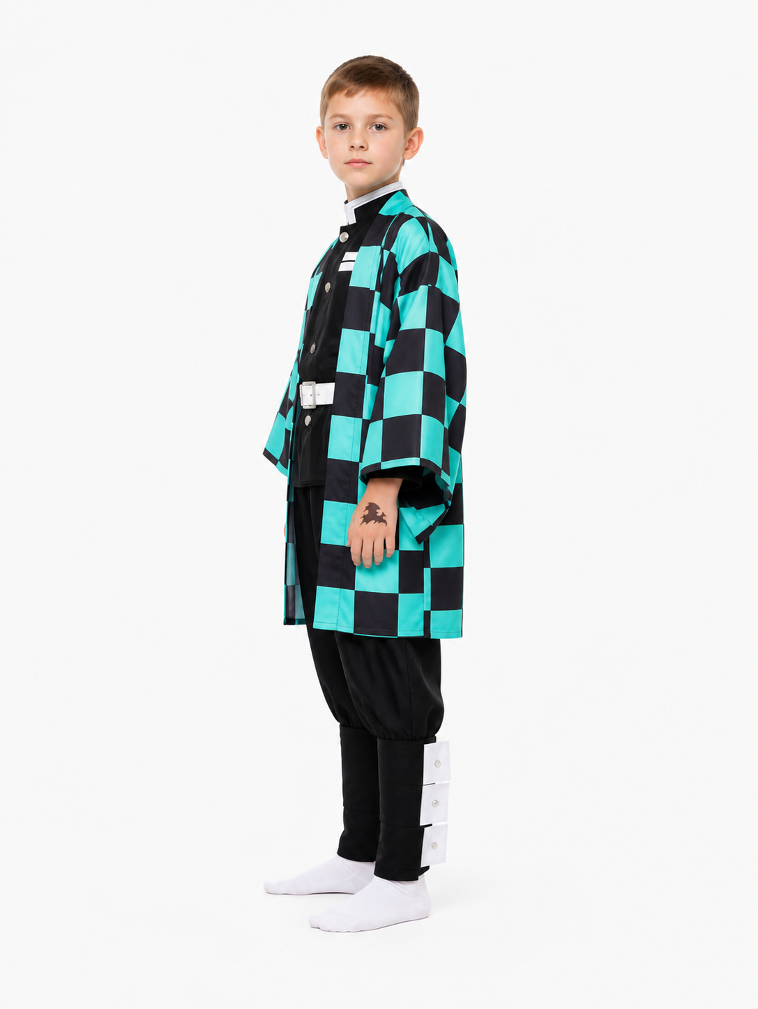 Tanjiro Cosplay Costume with Long Checkered Haori side view
