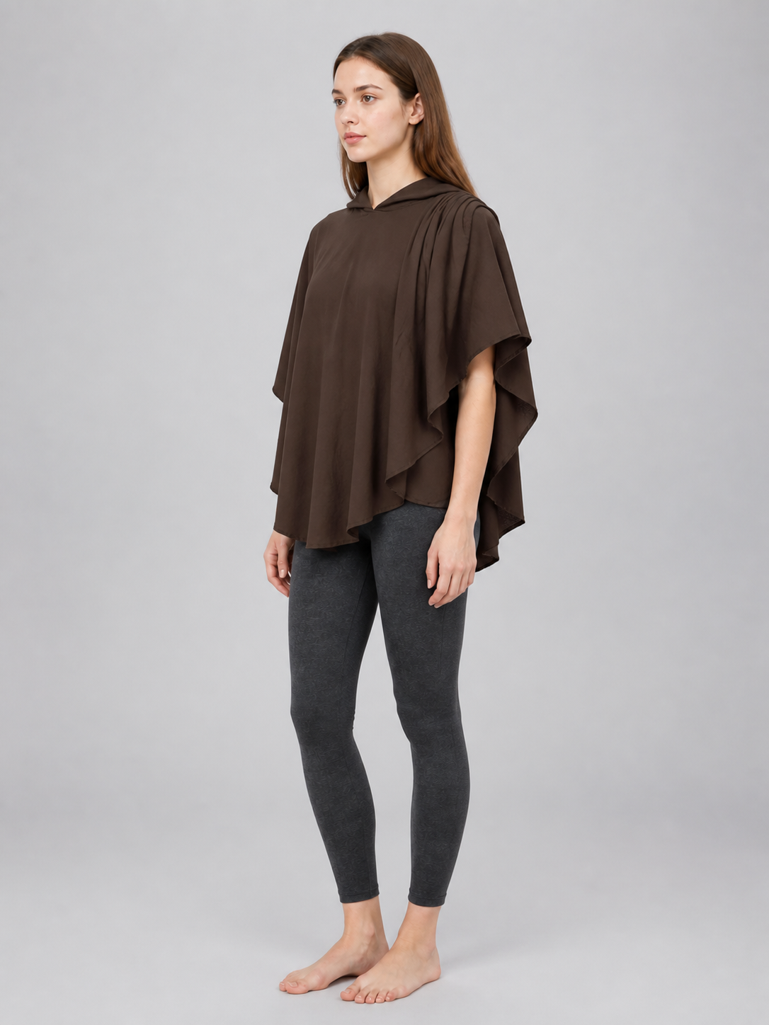 Women's Hooded Wanderer Cloak Costume with Layered Hem, Shoulder Draped Pleats