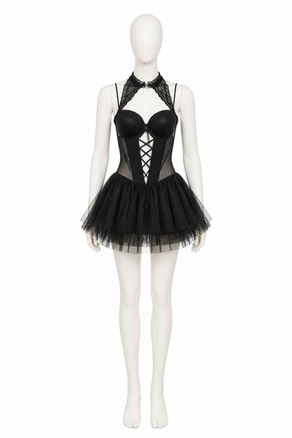 Black Halloween Costume with Corset and Full Skirt side view