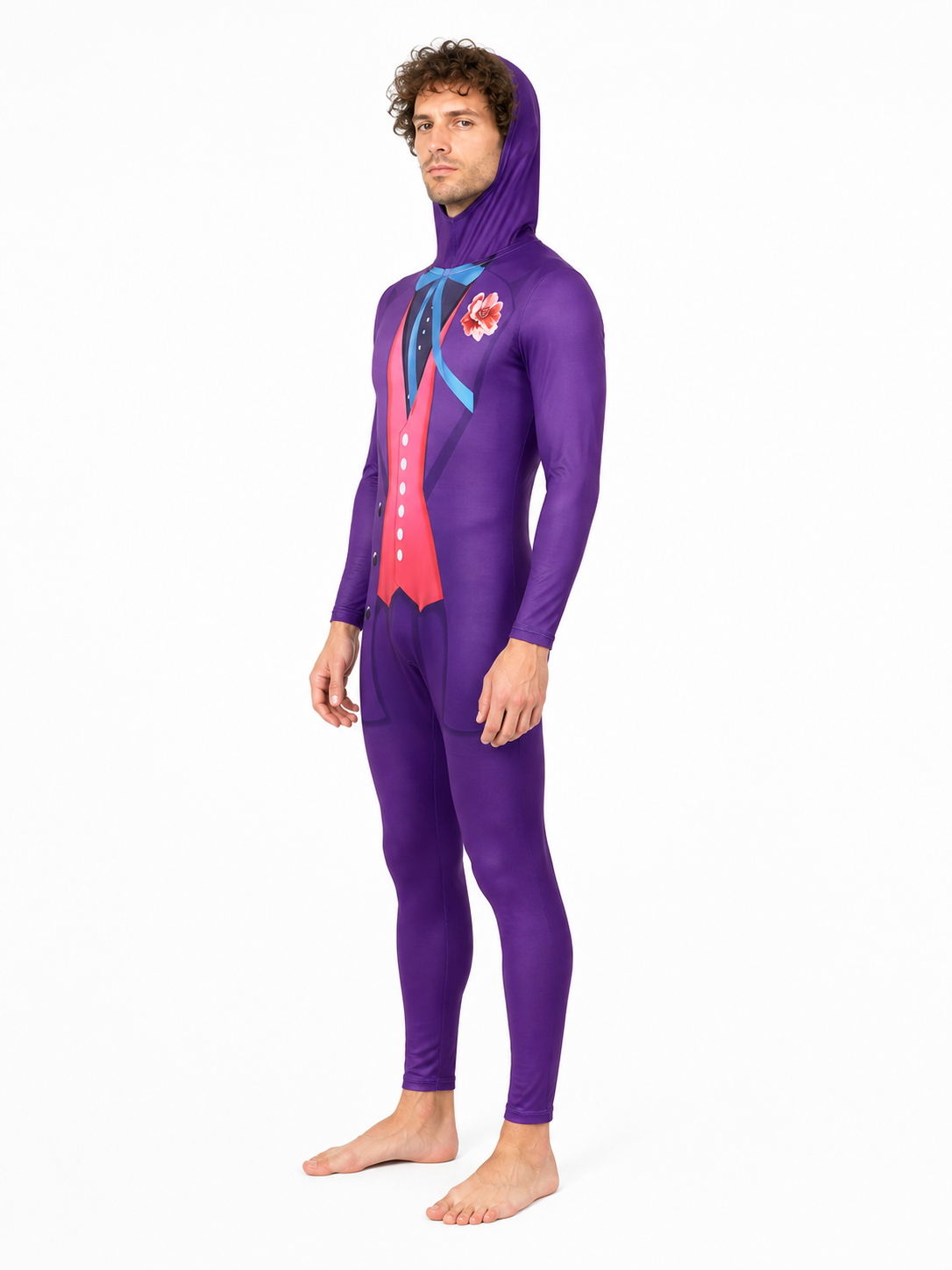 Joker cosplay jumpsuit with hood and printed design side view