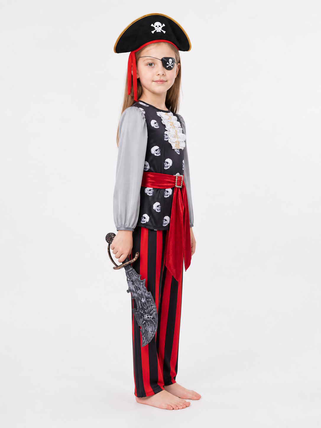 Black and Red Pirate Costume with Hat, Sword, and Eye Patch side view