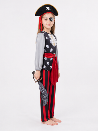 Black and Red Pirate Costume with Hat, Sword, and Eye Patch side view