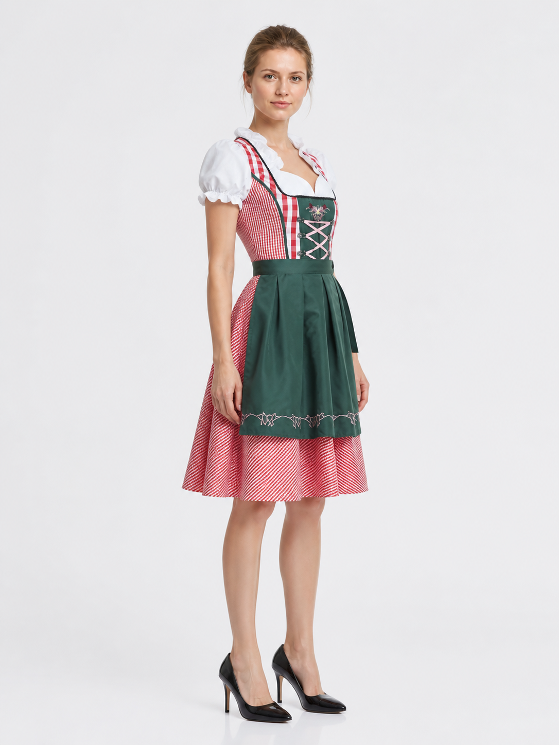 Dirndl Dress with Red-and-White Plaid Apron side view