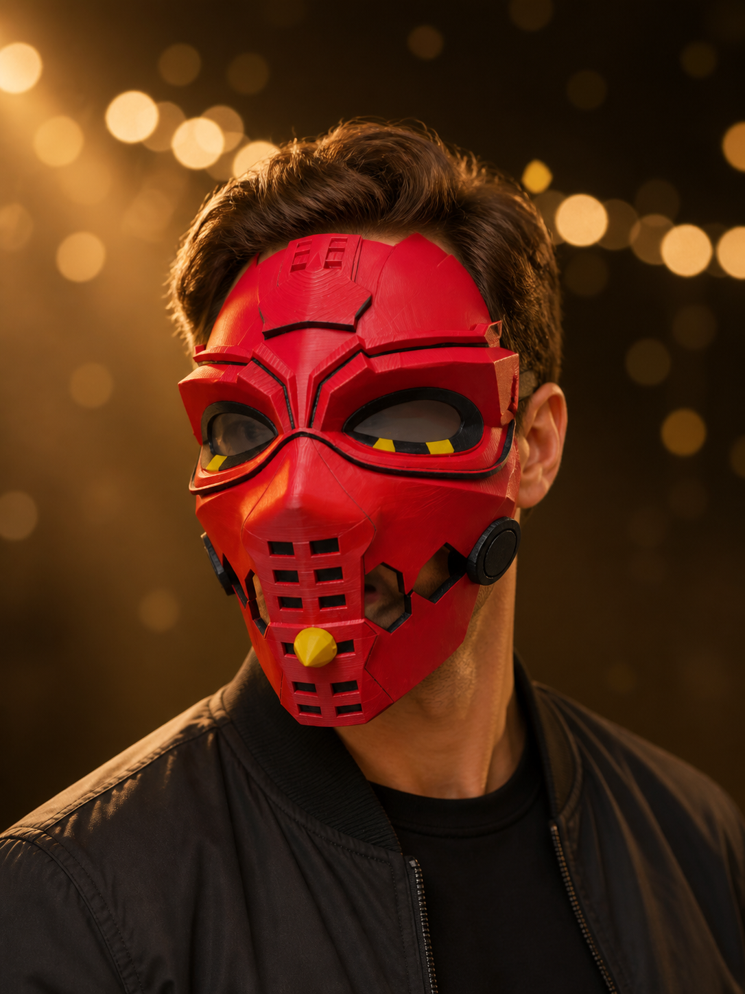 Red Full-Face Cosplay Mask with Yellow Decor side view