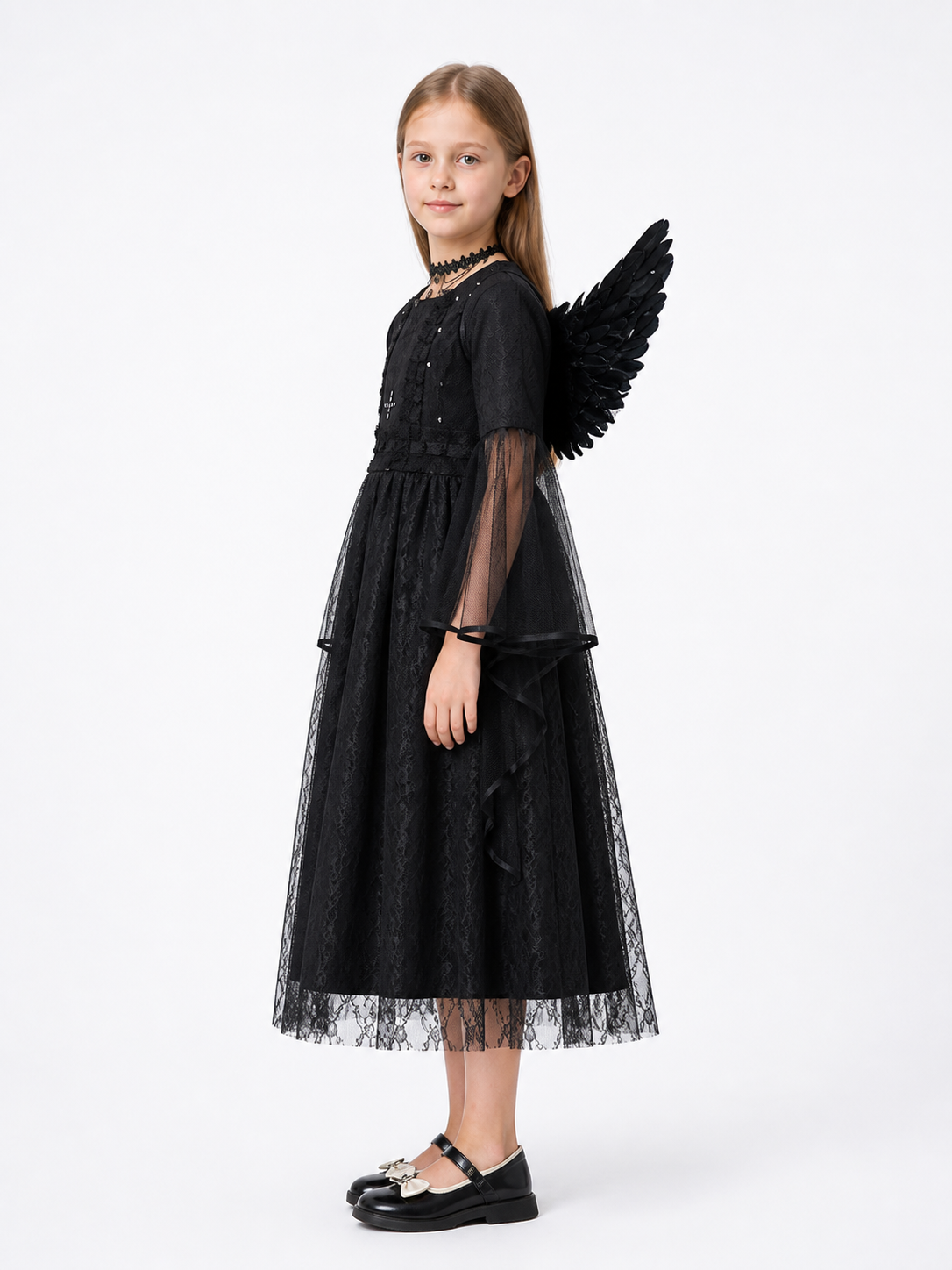 Black Midi Dress with Wings and Lace side view