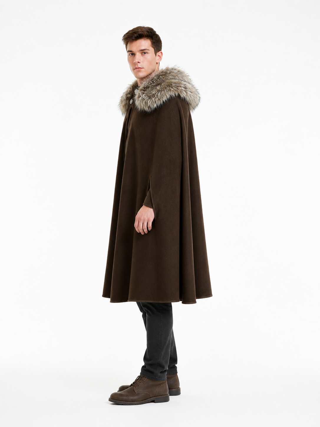 Long Brown Cape with Fur Collar side view