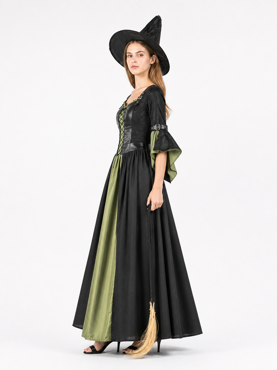 Black Witch Dress with Flared Sleeves for Halloween side view
