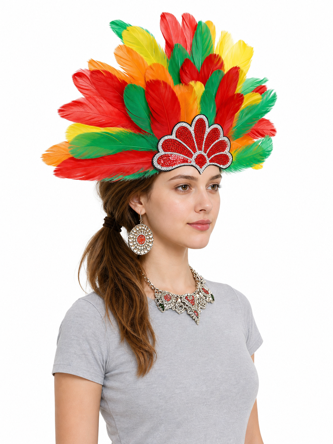 Carnival Headpiece with Multicolored Feathers side view
