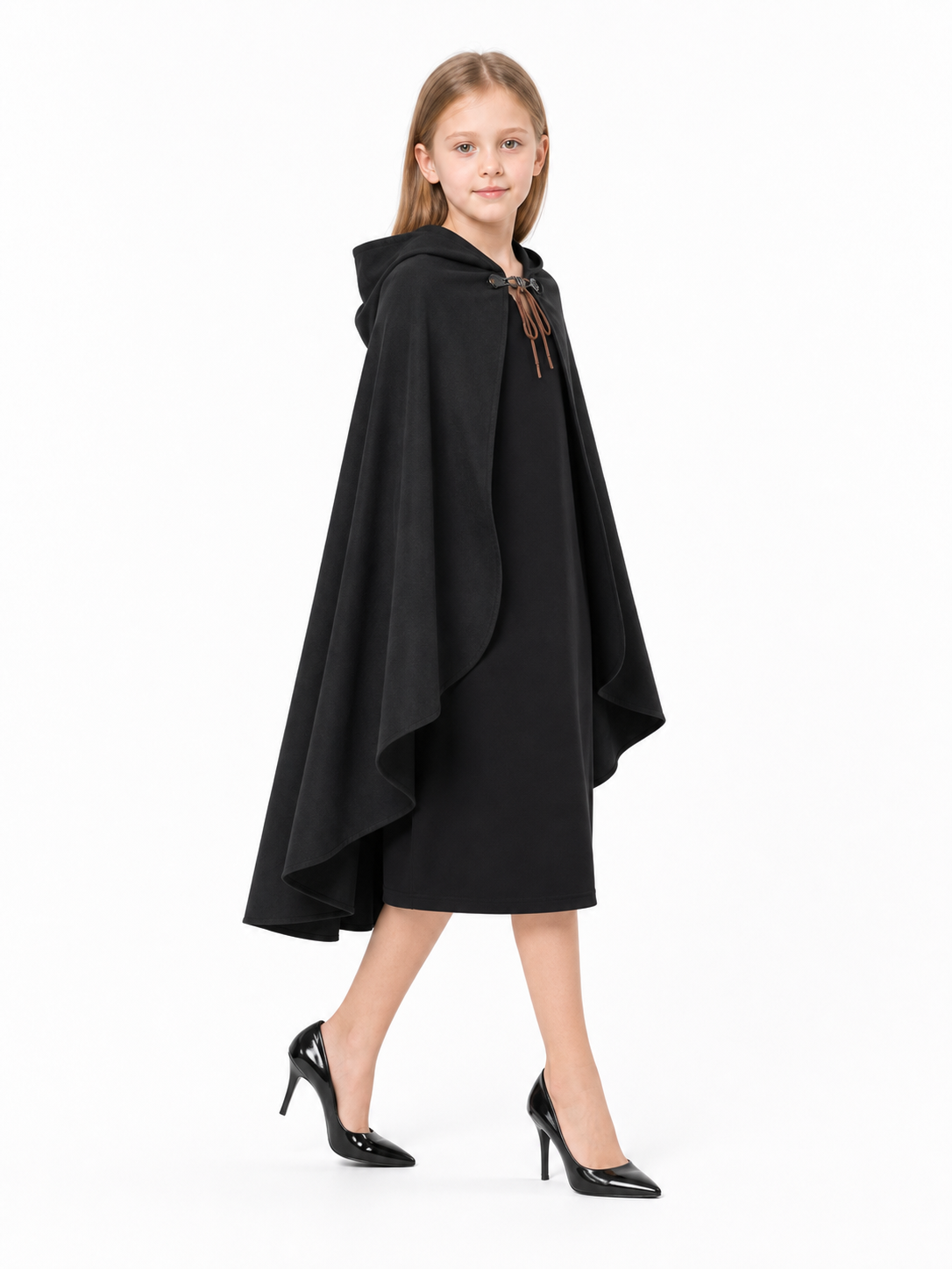 Black hooded medieval costume cloak product view 24