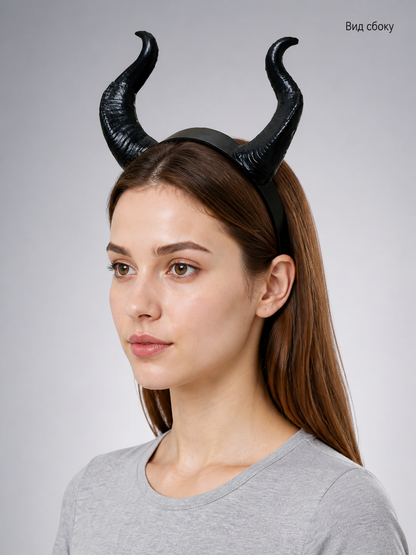 Halloween Carnival Headband with Black Demon Horns side view