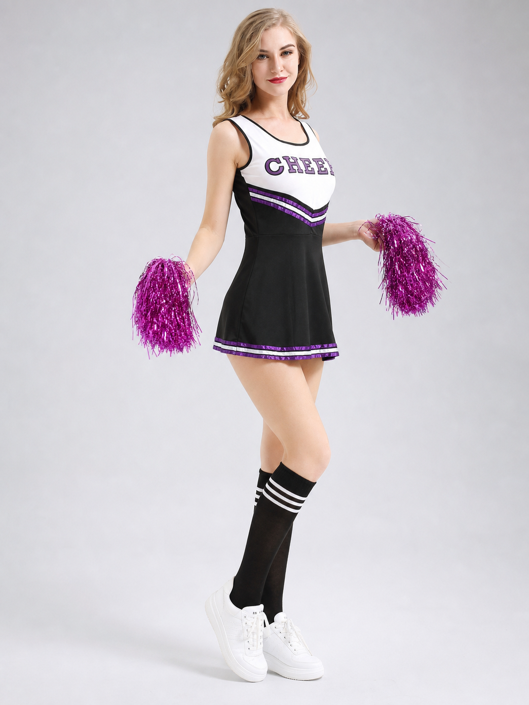 Cheerleading Costume with Dress, Bow, and Pom-Poms